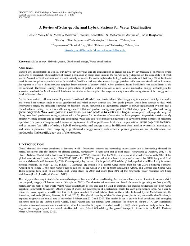 A Review of Solar-geothermal Hybrid Systems for Water Desalination