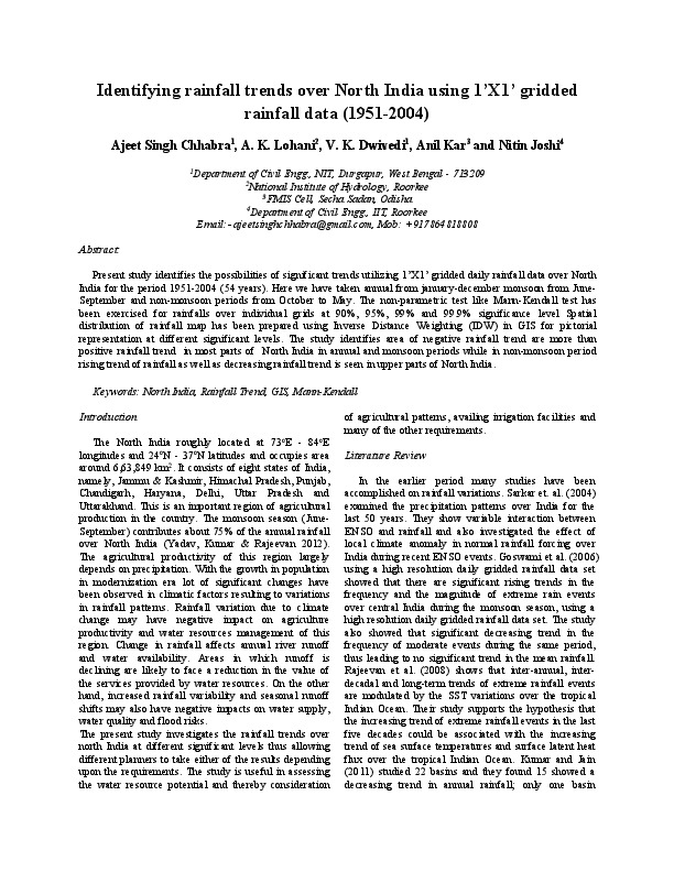 Identifying rainfall trends over North India using 1’X1’ gridded rainfall data (1951-2004)