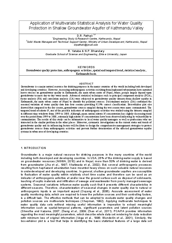 Application of Multivariate Statistical Analysis for Water Quality Protection in Shallow Groundwater Aquifer of Kathmandu Valley