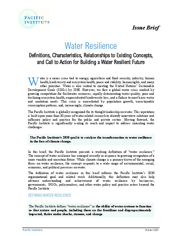 Water Resilience Issue BriefThe world is facing a global water crisis marked by growing competition for freshwater resources, rapidly deteriorat...