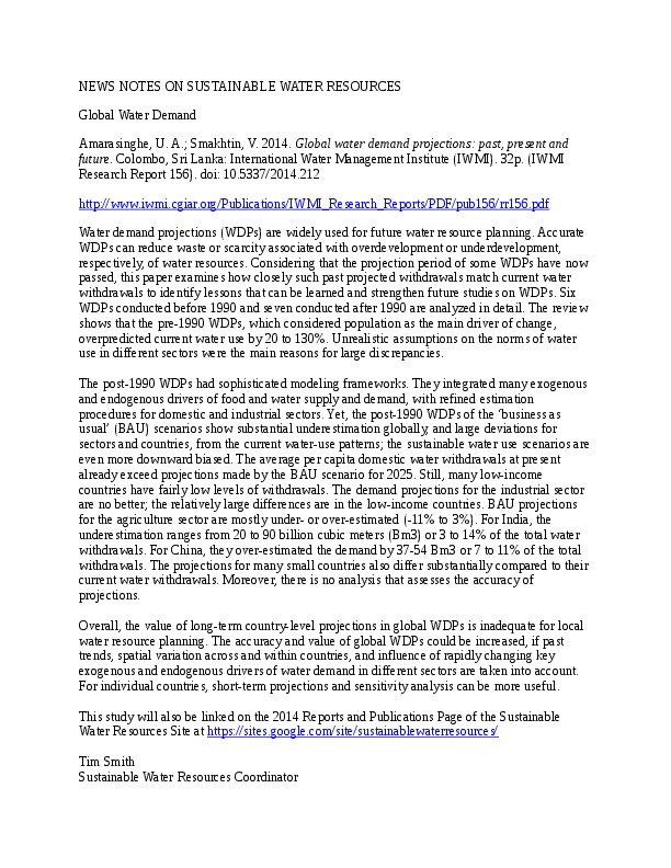 See https://sites.google.com/site/sustainablewaterresources/ 2014 Reports and Publications Page for an article on Global Water Demand