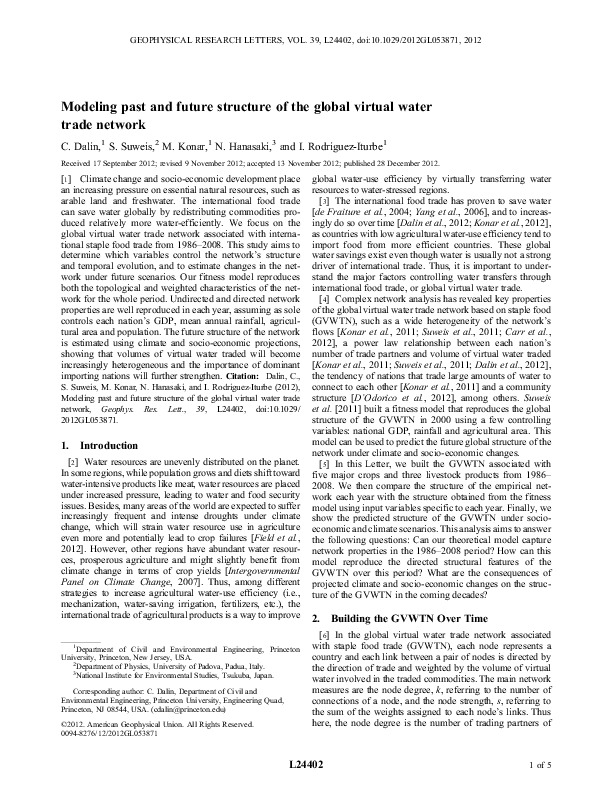 Modelling Global Structure of Virtual Water Trade 2013 