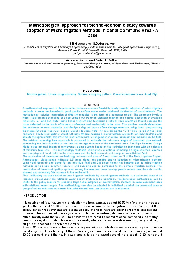 Methodological approach for techno-economic study towards adoption of Microirrigation Methods in Canal Command Area - A Case