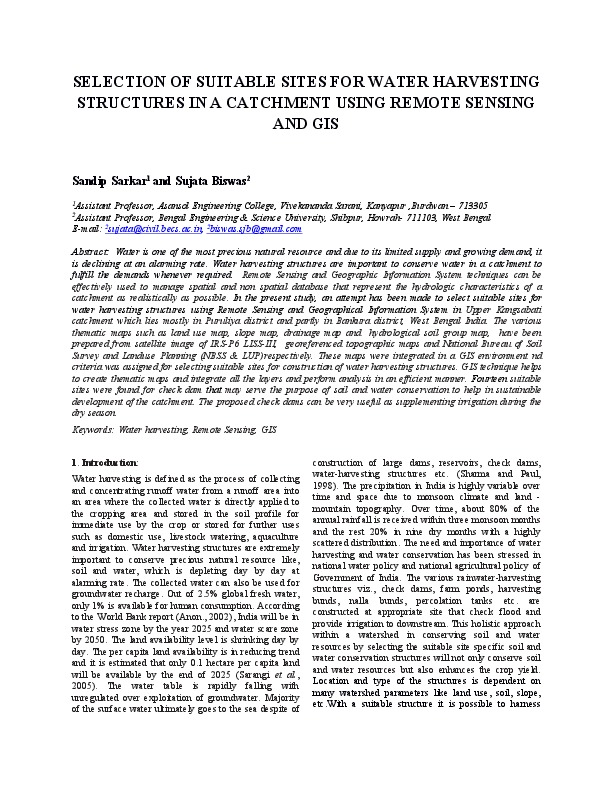 SELECTION OF SUITABLE SITES FOR WATER HARVESTING STRUCTURES IN A CATCHMENT USING REMOTE SENSING AND GIS