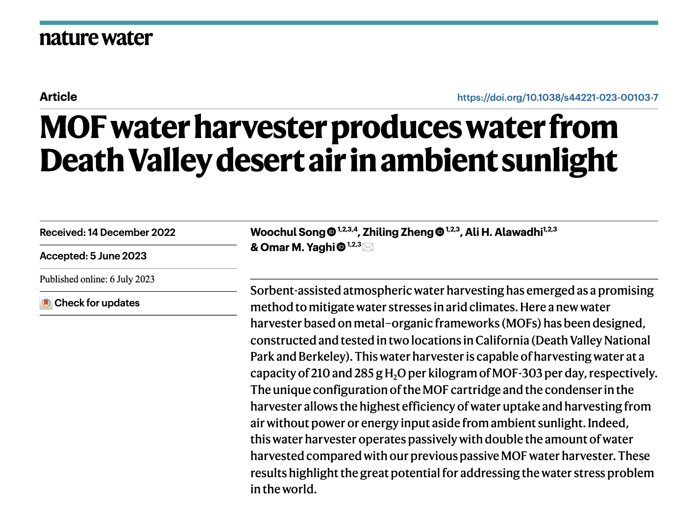 MOF water harvester produces water from Death Valley desert air in ambient sunlight