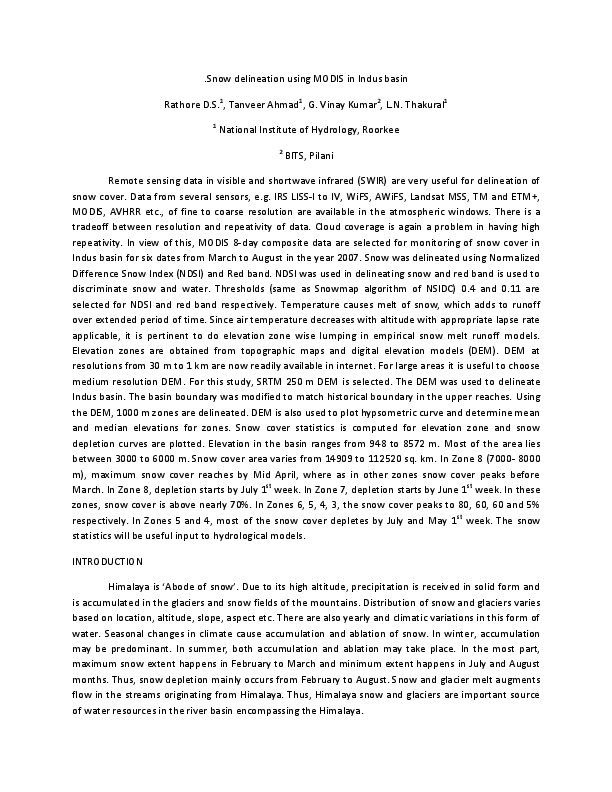 Snow delineation using MODIS in Indus basin