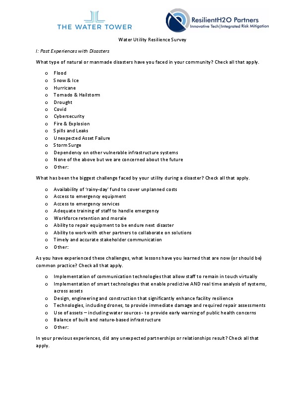 US Water Utility Resilience Survey: for our colleagues in the US, please take a moment to complete the attached survey and email your responses ...