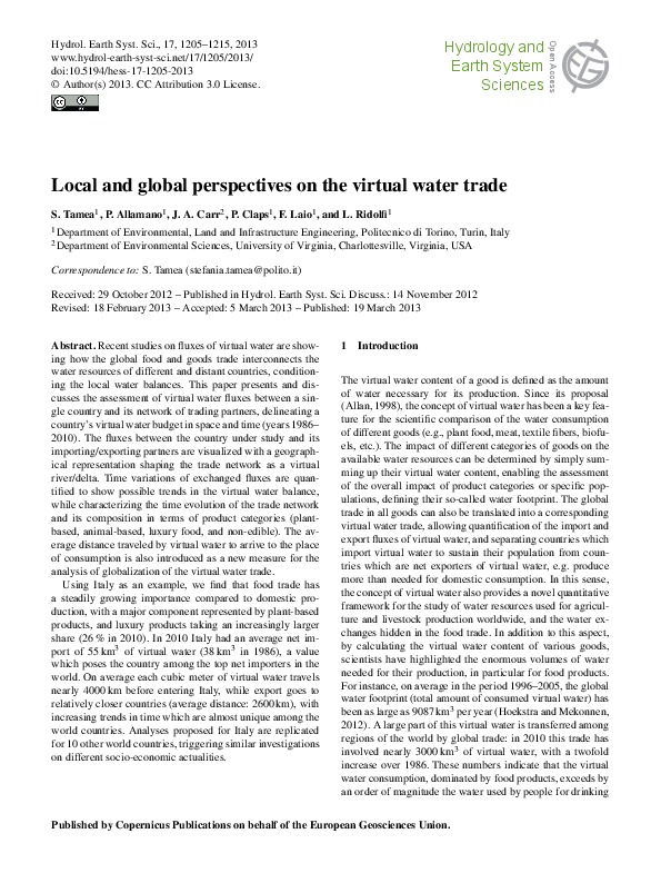 Local and Global Perspectives in Water Trade 2013 