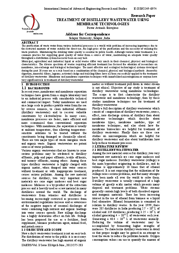 TREATMENT OF DISTILLERY WASTEWATER USING  MEMBRANE TECHNOLOGIES 