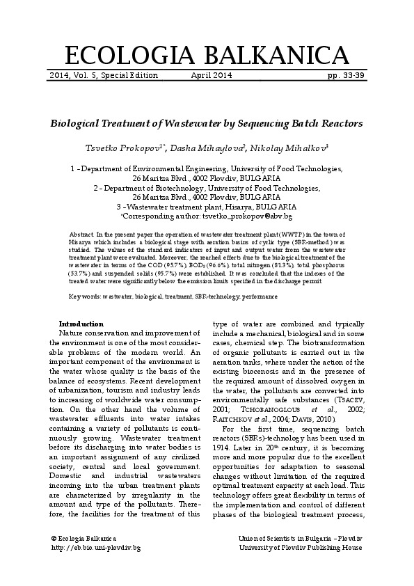 Biological ​Treatment of ​Wastewater by ​Sequencing ​Batch Reactors ​– Case ​Study from ​Bulgaria ​