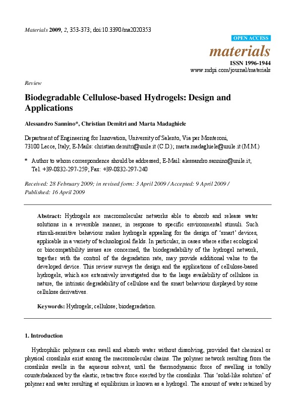 Biodegradable Cellulose-based Hydrogels: Design and Applications
