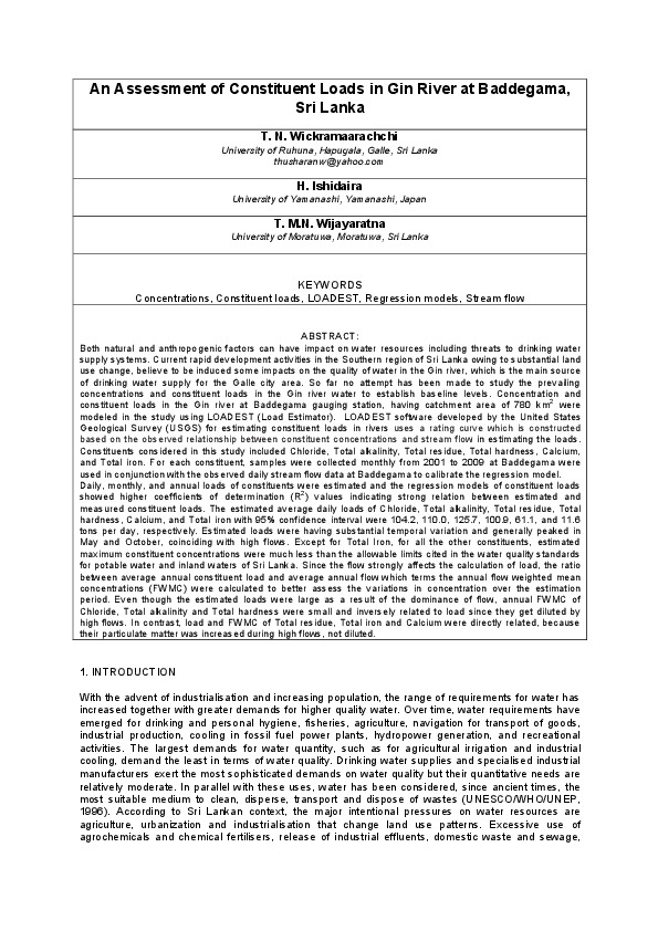 An Assessment of Constituent Loads in Gin River at Baddegama, Sri Lanka