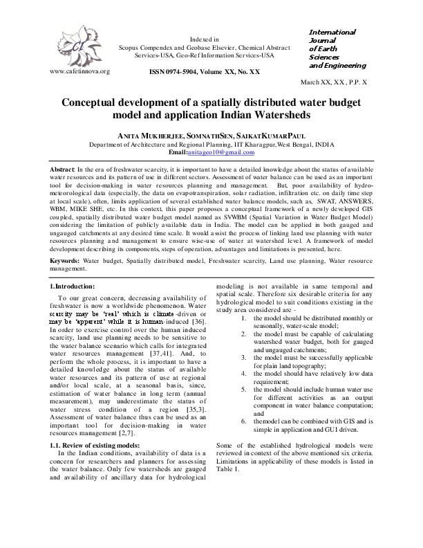 Conceptual development of a spatially distributed water budget model and application Indian Watersheds