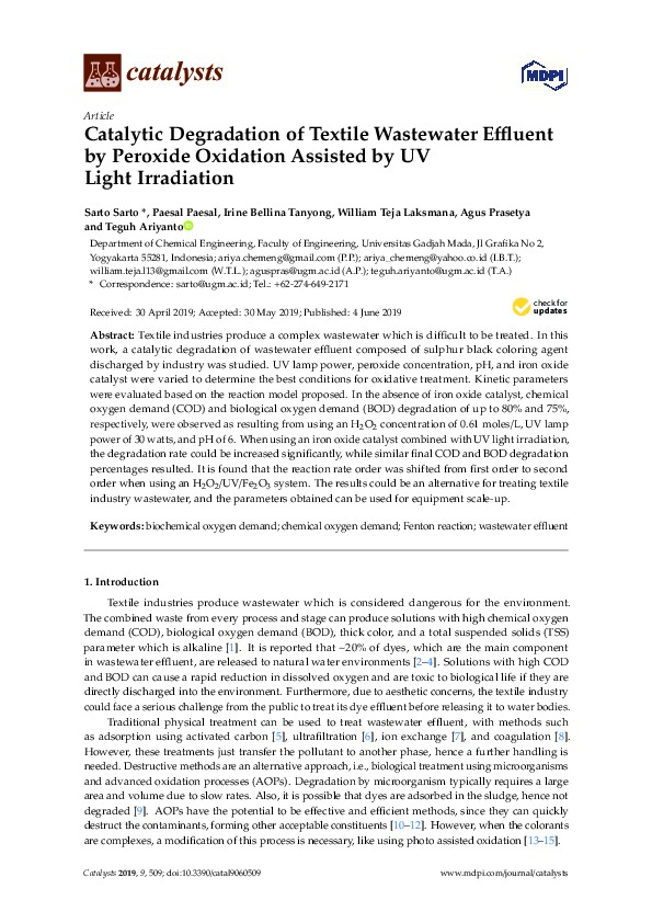 Catalytic Degradation of Textile Wastewater Effluent by Peroxide Oxidation / UV Light Irradiation