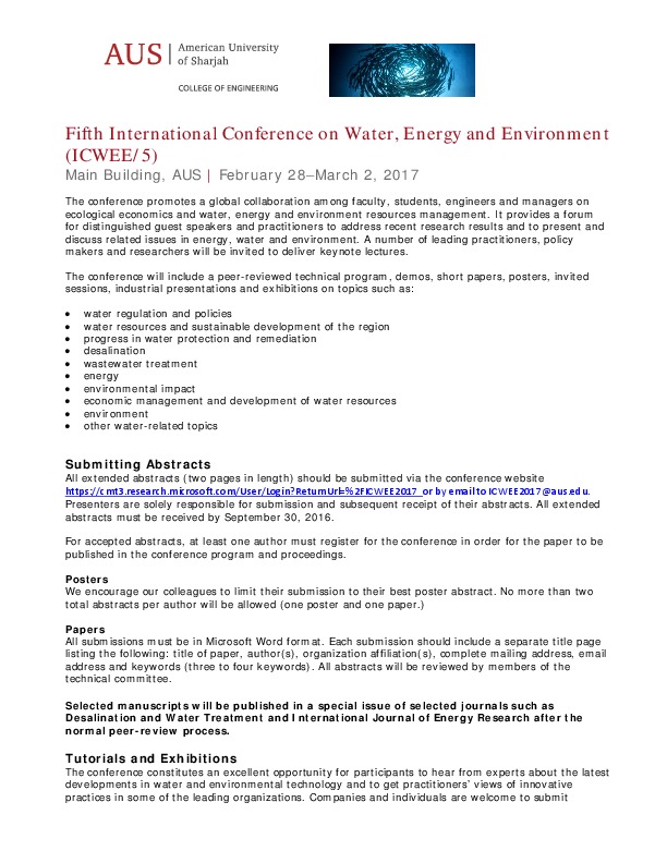 Dear Colleagues, Two more weeks left to submit your abstract/extended abstract to the Fifth International Conference on Water, Energy and Enviro...