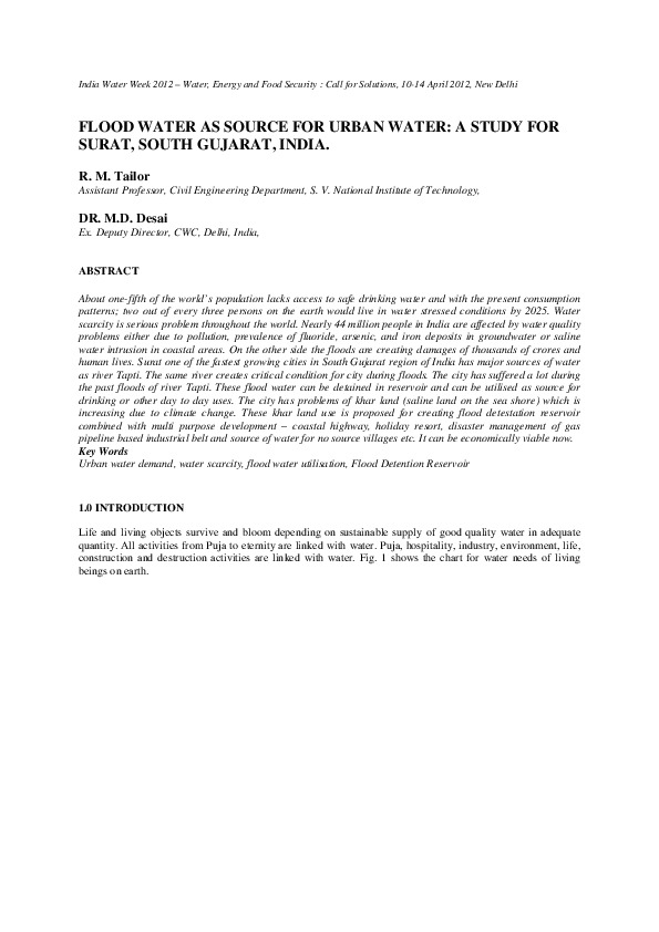 Flood Water as Source for Urban Water: A Study for Surat, South Gujarat, India