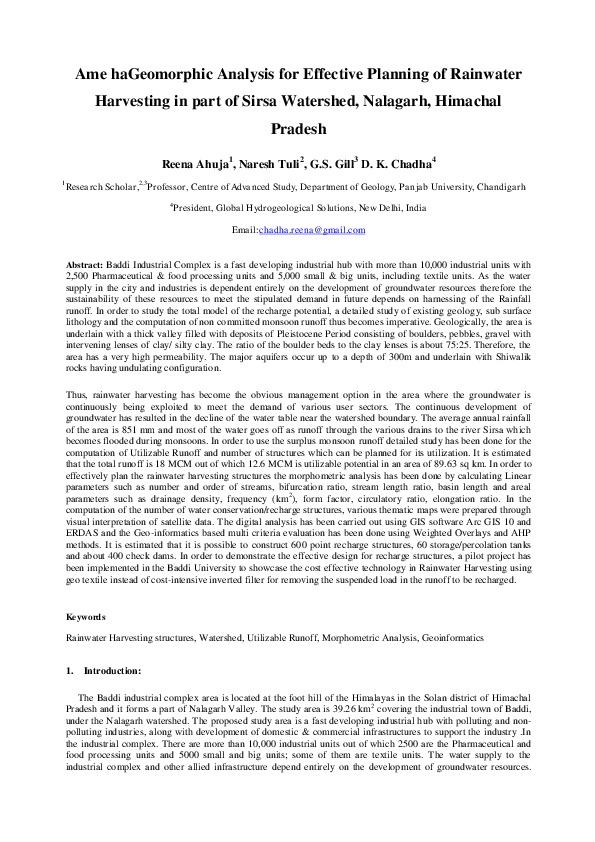 Ame haGeomorphic Analysis for Effective Planning of Rainwater Harvesting in part of Sirsa Watershed, Nalagarh, Himachal Pradesh