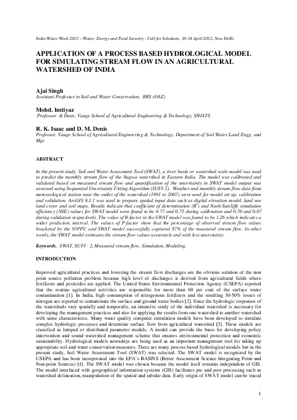 Application of a Process Based Hydrological Model for Simulating Stream Flow in an Agricultural Watershed of India