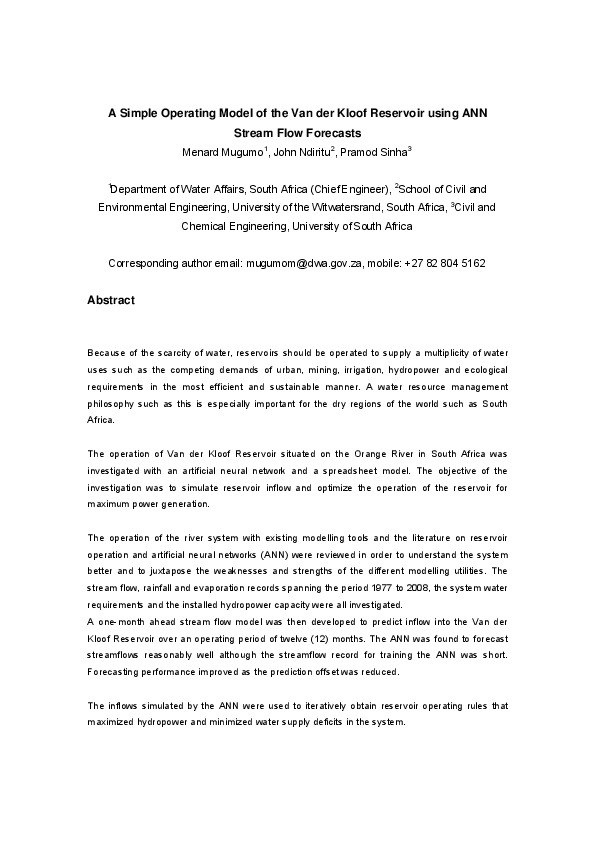 A Simple Operating Model of the Van der Kloof Reservoir using ANN Stream Flow Forecasts