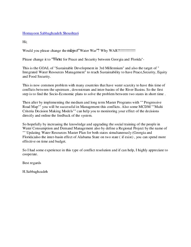 Water for Peace and Security in Georgia and Florida Hi, Would you please change the subject " Water War"? Why WAR?! Please change it to "Water f...