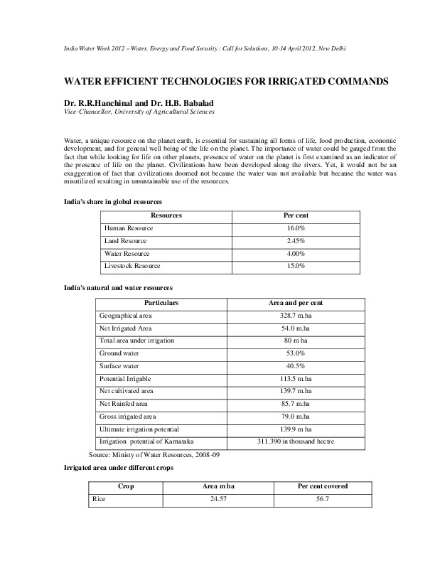 Water Efficient Technologies for Irrigated Commands