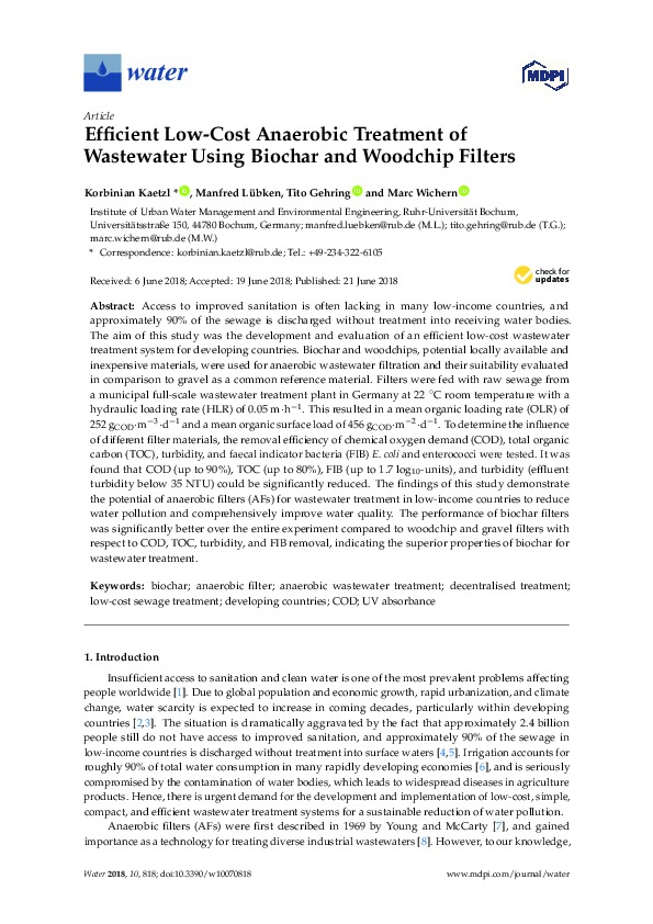 Efficient Low-Cost Anaerobic Treatment of Wastewater Using Biochar and Woodchip Filters