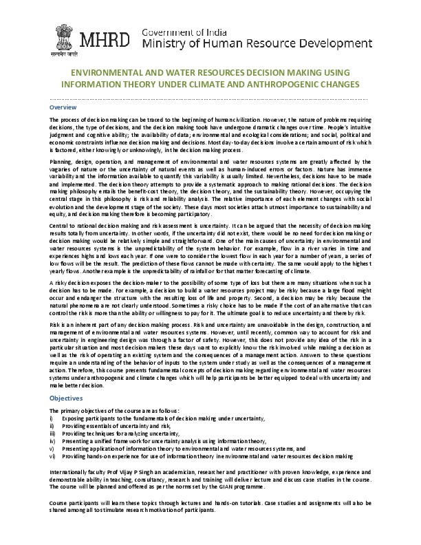 Environmental and Water Resources Decision Making Using Information Theory under Climate and Anthropogenic changes