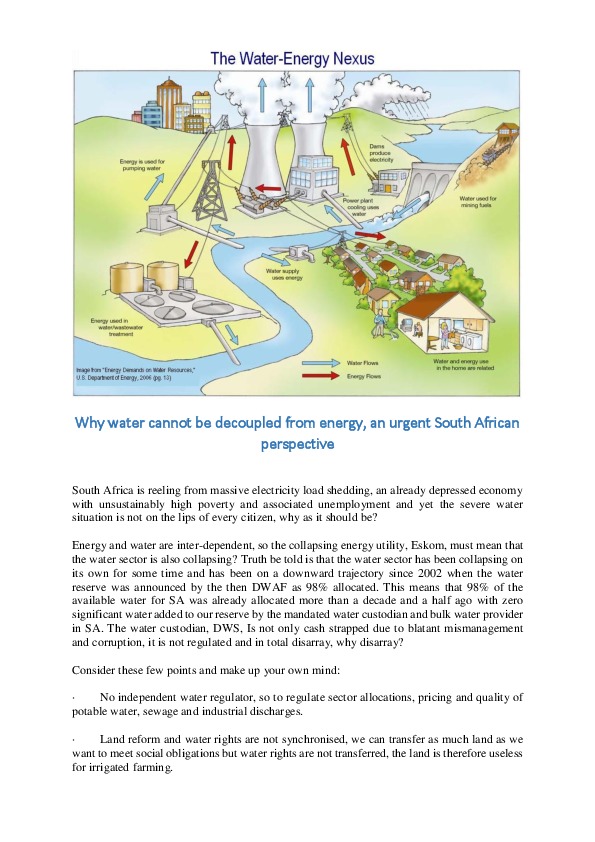 Why Water Cannot be Decoupled from Energy, an Urgent South African Perspective