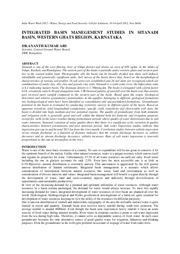 Integrated Basin Management Studies in Sitanadi Basin, Western Ghats Region, Karnataka