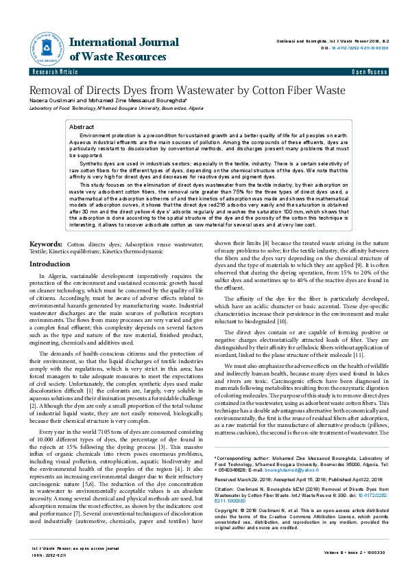 Removal of Directs Dyes from Wastewater by Cotton Fiber Waste