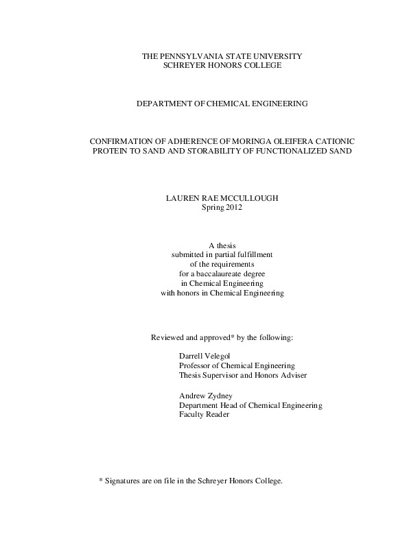 Confirmation of Adherence of Moringa Oleifera Cationic Protein to Sand