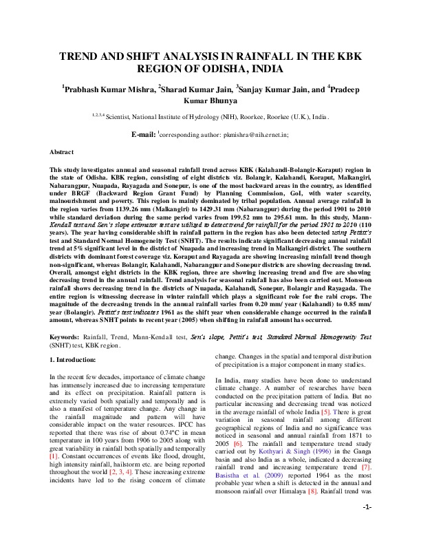 TREND AND SHIFT ANALYSIS IN RAINFALL IN THE KBK REGION OF ODISHA, INDIA