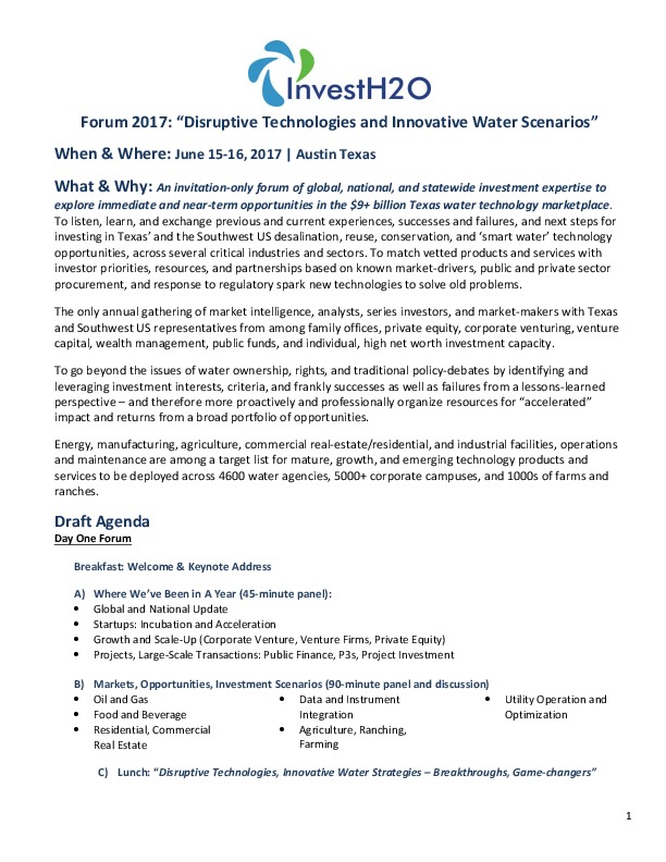 InvestH2O 2017 -&nbsp; Disruptive Water Technologies and Innovative Investments: Call for national and international speakers, panelists, invest...