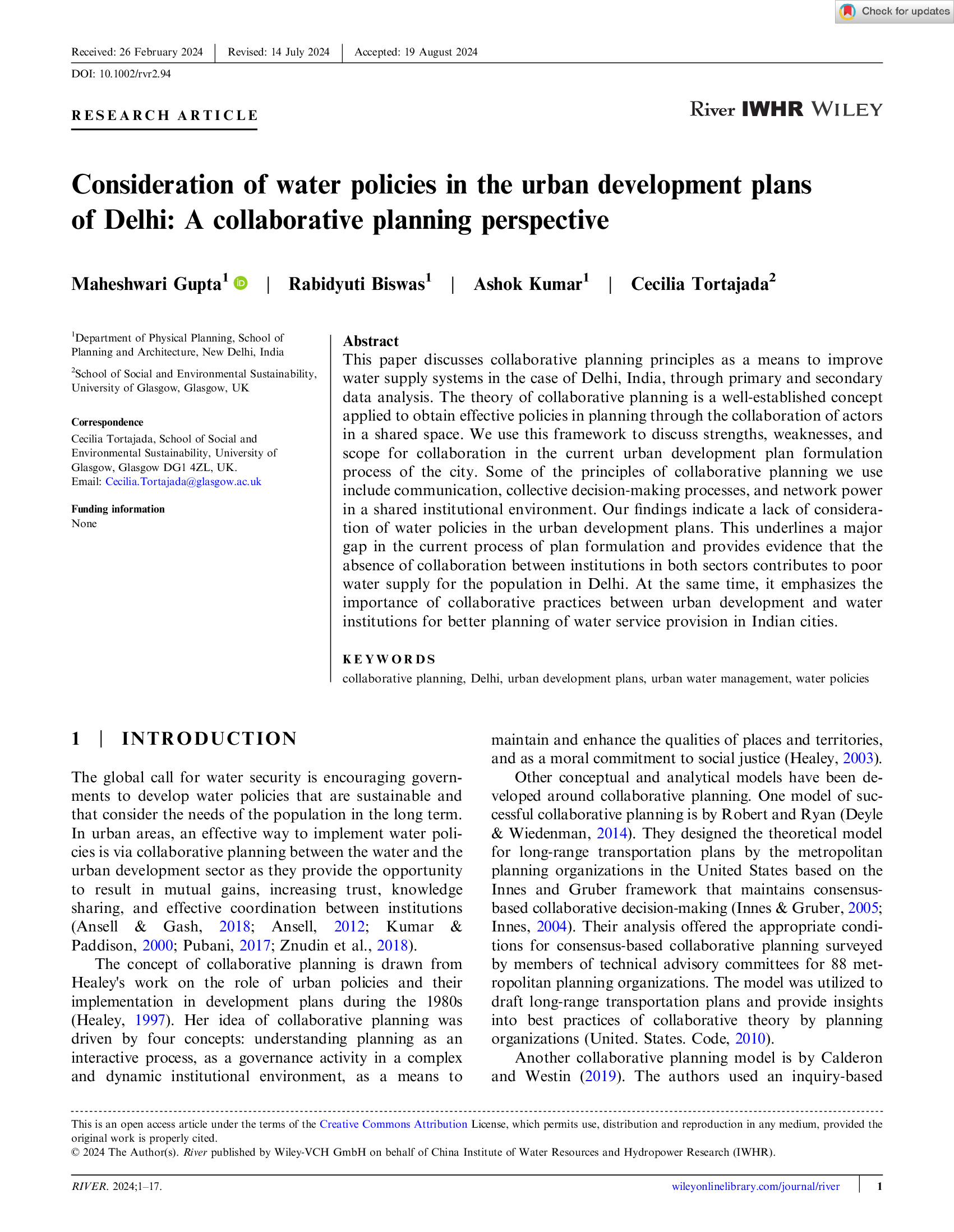 Consideration of water policies in the urban development plans of Delhi: Collaborative planning