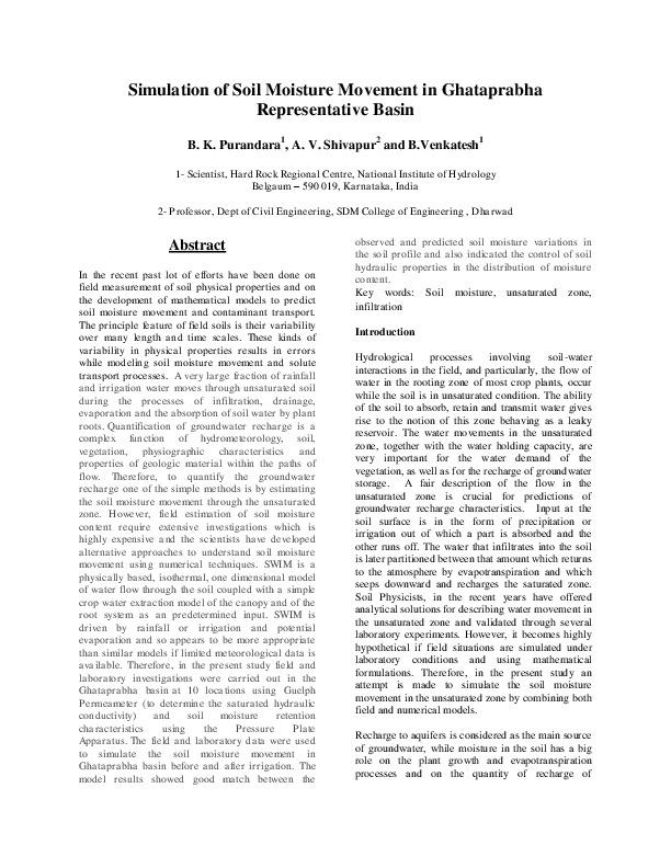 Simulation of Soil Moisture Movement in Ghataprabha Representative Basin