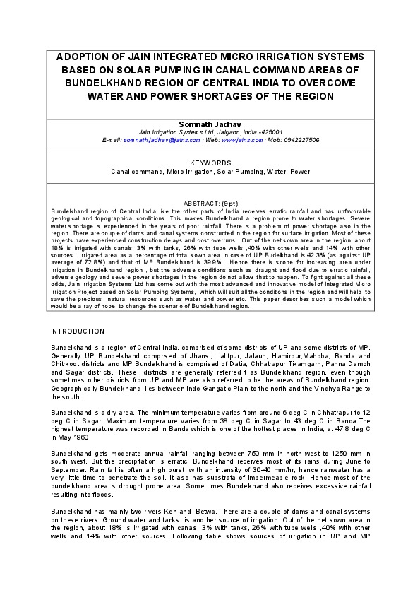 ADOPTION OF JAIN INTEGRATED MICRO IRRIGATION SYSTEMS BASED ON SOLAR PUMPING IN CANAL COMMAND AREAS OF BUNDELKHAND REGION OF CENTRAL INDIA TO OVERCOME WATER AND POWER SHORTAGES OF THE REGION