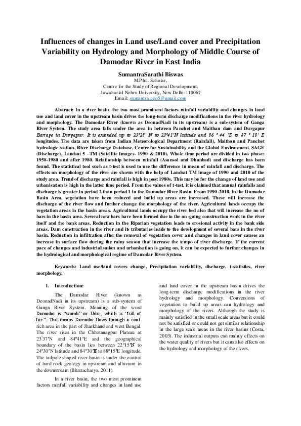 Influences of changes in Land use/Land cover and Precipitation Variability on Hydrology and Morphology of Middle Course of Damodar River in East India