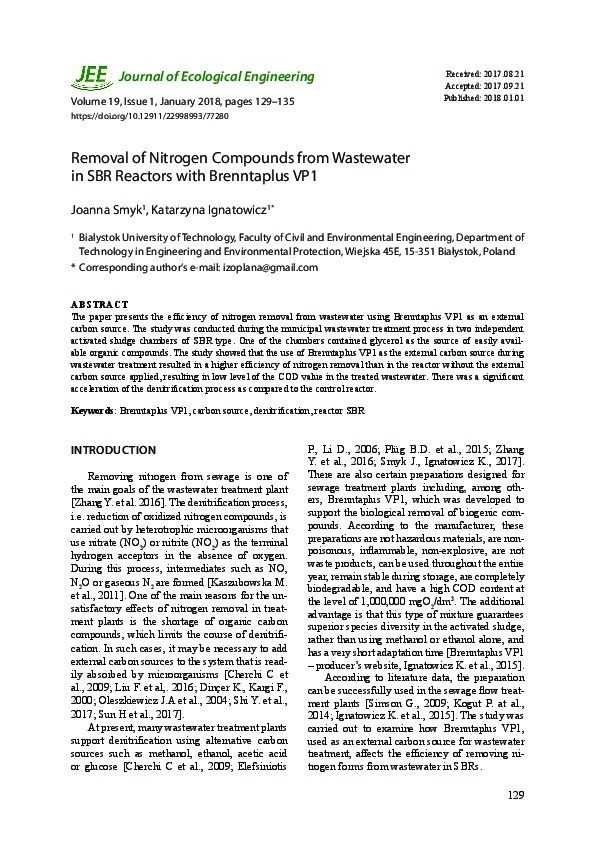 Removal of Nitrogen Compounds from Wastewater in SBR Reactors with Brenntaplus VP1