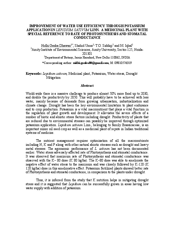 IMPROVEMENT OF WATER USE EFFICIENCY THROUGH POTASSIUM APPLICATION IN LEPIDIUM SATIVUM LINN. A MEDICINAL PLANT WITH SPECIAL REFERENCE TO RATE OF PHOTOSYNTHESIS AND STOMATAL CONDUCTANCE