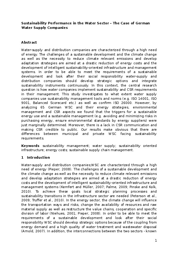 Sustainability Performance in the Water Sector. The Case  of German Water Supply Companies