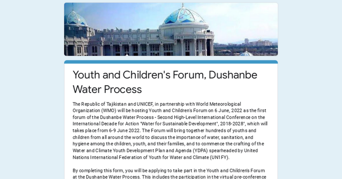 Hi everyone! I&rsquo;m inviting all youth, 18-35 years old, to submit their applications for the Dushanbe Water Process - Youth and Children&rsquo;s For...