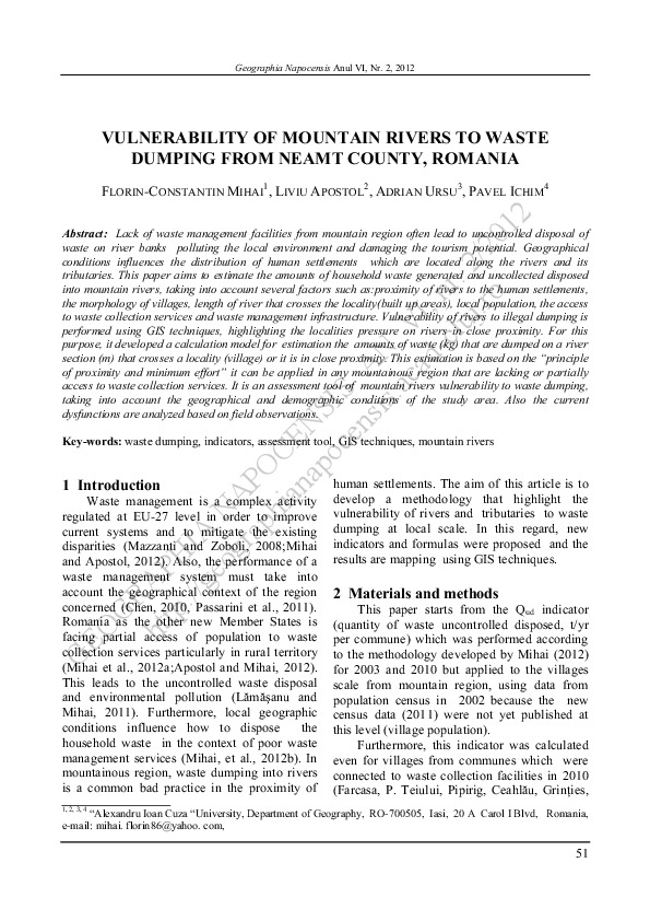 VULNERABILITY OF MOUNTAIN RIVERS TO WASTE DUMPING FROM NEAMT COUNTY, ROMANIA (using GIS techniques )