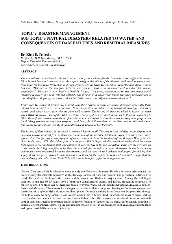 Topic: Disaster Management - Sub Topic: Natural Disasters Related to Water and Consequences of Dam Failures and Remedial Measures
