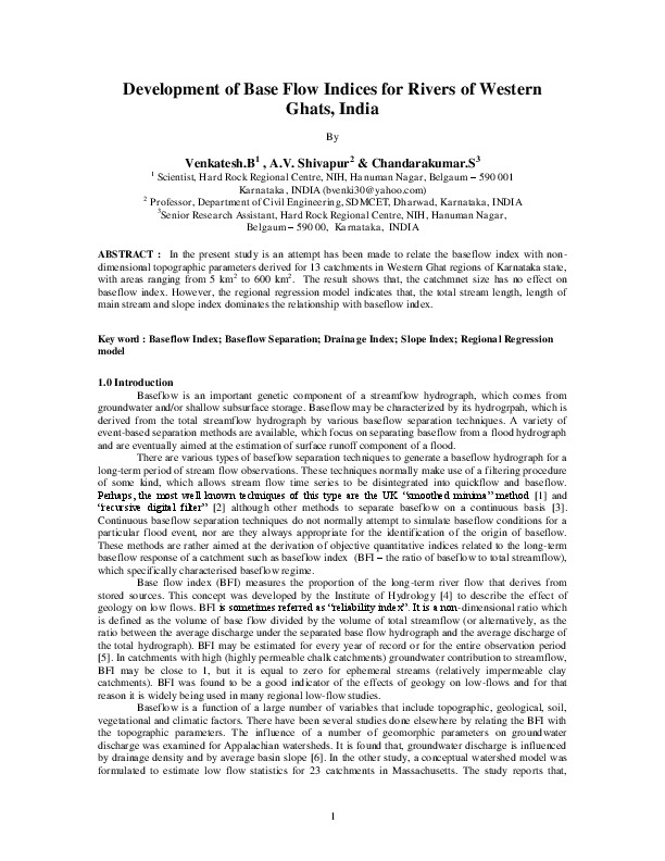 Development of Base Flow Indices for Rivers of Western Ghats, India