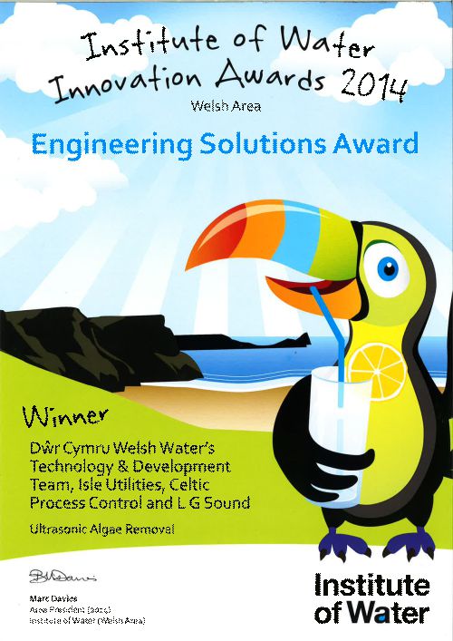 Award for Ultrasonic Algae Control in Raw Water Reservoir UK - LG Sound, D&Aring;&micro;r Cymru Welsh Water (DCWW), Celtic Process Control and I...