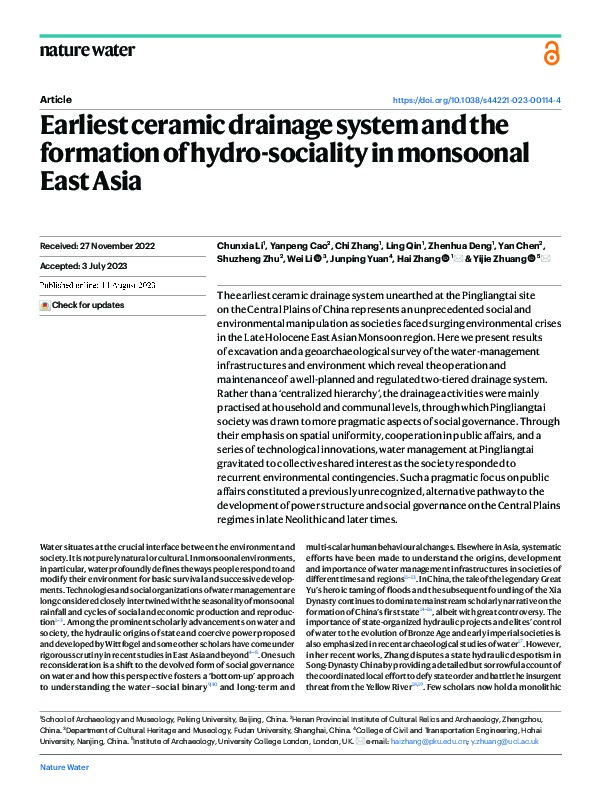 Earliest ceramic drainage system and the formation of hydro-sociality in monsoonal East Asia