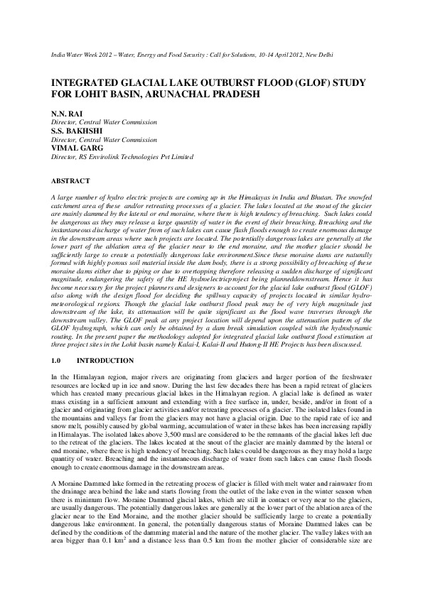 Integrated Glacial Lake Outburst Flood (GLOF) Study for Lohit Basin, Arunachal Pradesh