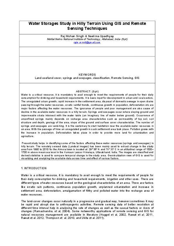 Water Storages Study in Hilly Terrain Using GIS and Remote Sensing Techniques