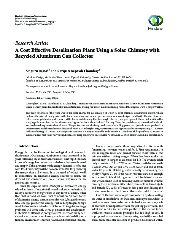 A Cost Effective Desalination Plant Using a Solar Chimney with Recycled Aluminum Can Collector