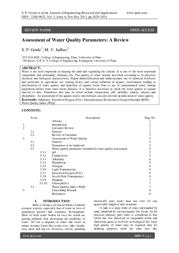 Assessment of Water Quality Parameters - A Review, 2013